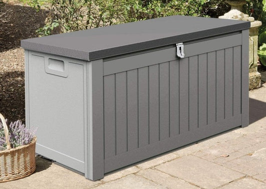 190L Outdoor Plastic Garden Furniture Storage Box With Strapped Lid - Grey
