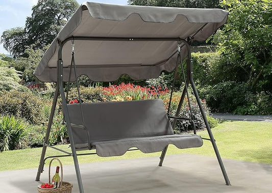 3 Seater Canopy Swing Chair Garden Rocking Bench Heavy Duty Patio Metal Seat w/Multi-Position Top Roof