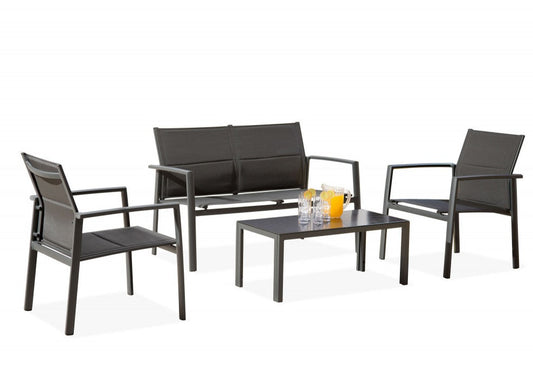Sydney Aluminium 4pc Sofa Set, Bench, 2 x Chairs & Table – Padded Textilene Seats